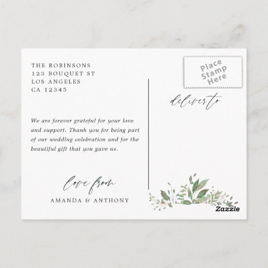 水彩グリーンウェディング フォト サンクス ポストカード (裏面)