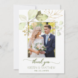 水彩グリーンエレガントフローラ結婚写真 サンキューカード