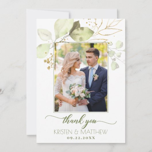 水彩グリーンエレガントフローラ結婚写真 サンキューカード (正面)