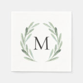 水彩グリーンオリーブの枝の花輪モノグラム スタンダードカクテルナプキン (正面)