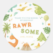 水彩グリーンオレンジ恐竜誕生日シール ラウンドシール (正面)