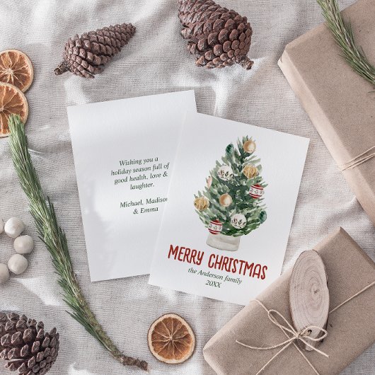 水彩グリーンオーナメントツリーメリークリスマス シーズンカード