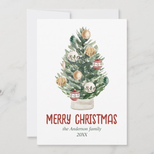 水彩グリーンオーナメントツリーメリークリスマス シーズンカード (正面)