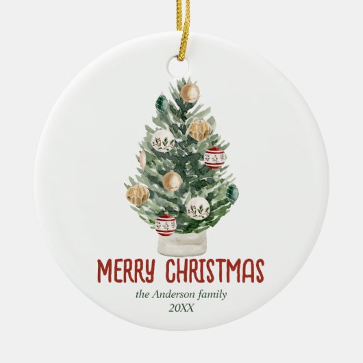 水彩グリーンオーナメントツリーメリークリスマス セラミックオーナメント (正面)