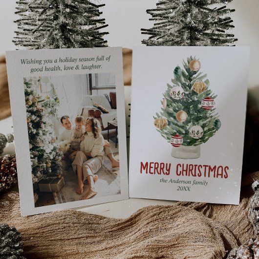 水彩グリーンオーナメントツリー写真クリスマス シーズンカード