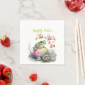 水彩グリーンカエル復活祭の卵と花 –  スタンダードカクテルナプキン (インサイチュ)