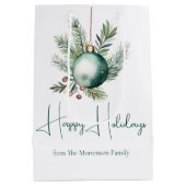 水彩グリーンクリスマスオーナメントハッピーホリデー ミディアムペーパーバッグ (裏面)