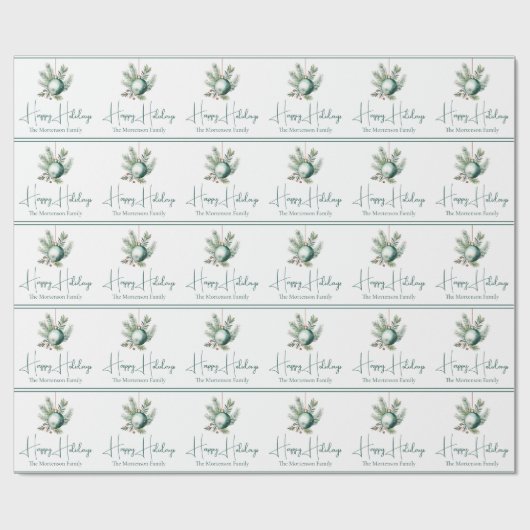 水彩グリーンクリスマスオーナメントハッピーホリデー ラッピングペーパー (フラット)