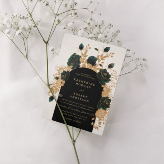 水彩グリーングールドのバラ ウェディング招待状 招待状