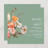 水彩グリーンコーラルピンクフローラ結婚ズ 招待状 (正面/裏面)