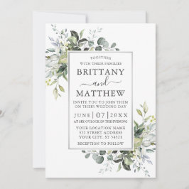 水彩グリーンシルバーフレームほこりっぽいブルー 招待状