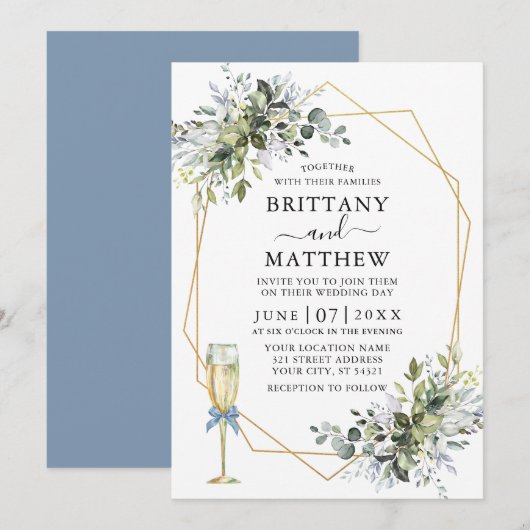 水彩グリーンジオフレームガラスボウダスティーブルー 招待状 (正面/裏面)