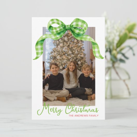 水彩グリーンジンガム弓クリスマスフォト シーズンカード (スタンド正面)