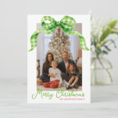 水彩グリーンジンガム弓クリスマスフォト シーズンカード (スタンド正面)