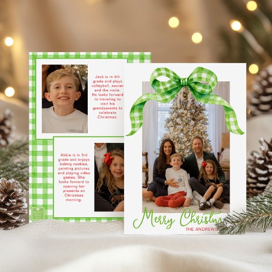 水彩グリーンジンガム弓クリスマスフォト シーズンカード