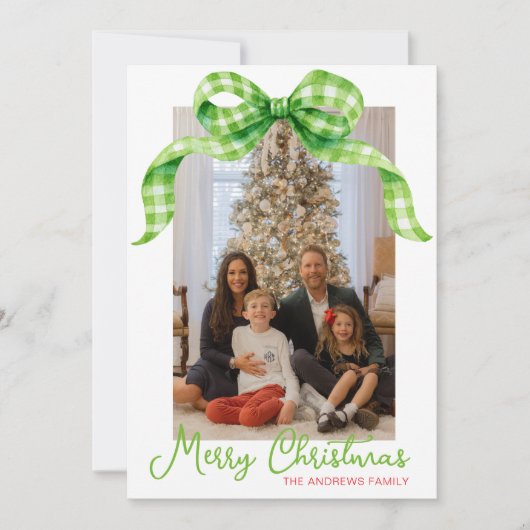 水彩グリーンジンガム弓クリスマスフォト シーズンカード (正面)