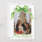 水彩グリーンジンガム弓クリスマスフォト シーズンカード (正面)