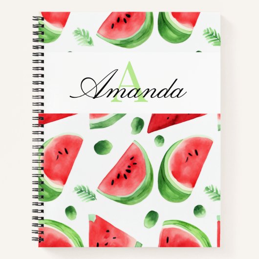 水彩グリーンスイカスライスガールモノグラーム ノートブック (正面)
