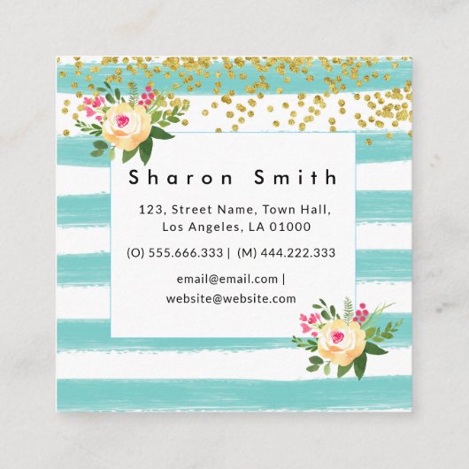 水彩グリーンストライプグリッターフローラ スクエア名刺 (裏面)