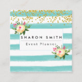 水彩グリーンストライプグリッターフローラ スクエア名刺 (正面)