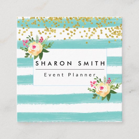 水彩グリーンストライプグリッターフローラ スクエア名刺 (正面)