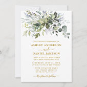 水彩グリーンダスティブルー結婚ズ金ゴールド 招待状 (正面)