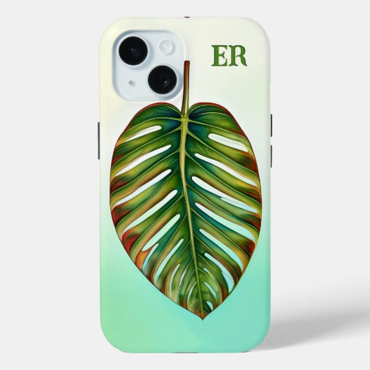 水彩グリーンティール（緑がかった色）赤トロピカルリーフモノグラム Case-Mate iPhoneケース (裏面)