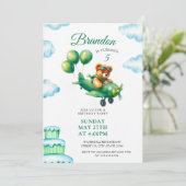 水彩グリーンテディベア飛行機第5誕生日 招待状 (スタンド正面)