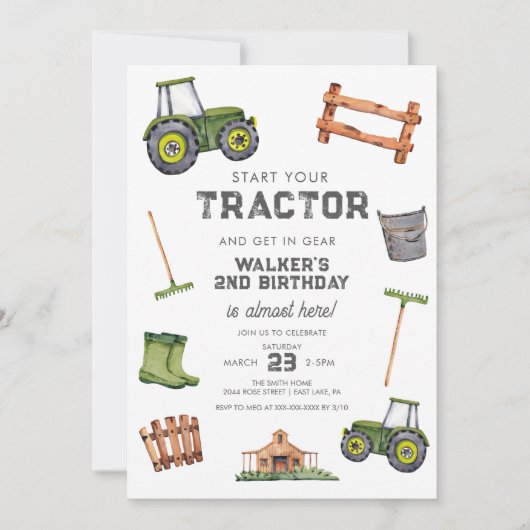水彩グリーントラクター2nd誕生日 招待状 (正面)