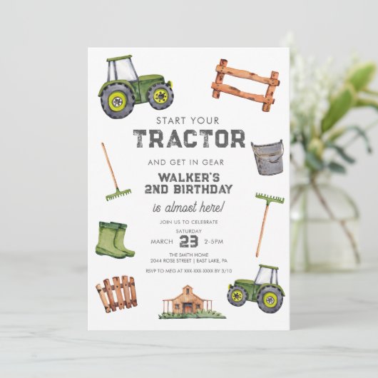 水彩グリーントラクター2nd誕生日 招待状 (スタンド正面)