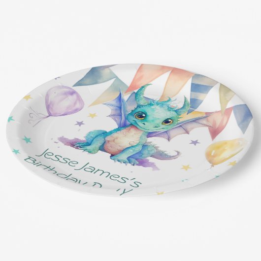 水彩グリーンパープルドラゴンボーイバースデーパーティー ペーパープレート (アングル)