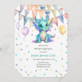 水彩グリーンパープルドラゴンボーイバースデーパーティー 招待状 (正面/裏面)