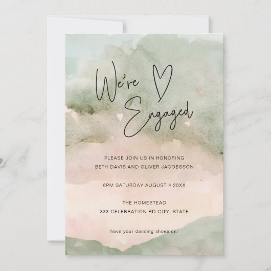 水彩グリーンピンクハート婚約招待状 セーブザデート (正面)