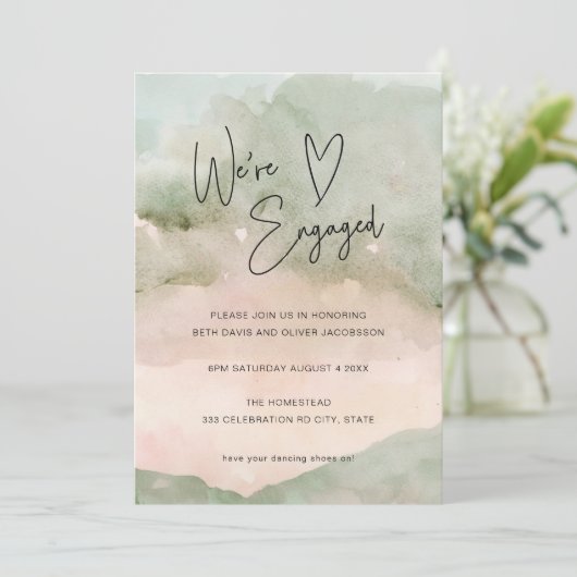 水彩グリーンピンクハート婚約招待状 セーブザデート (スタンド正面)