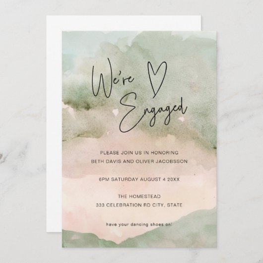 水彩グリーンピンクハート婚約招待状 セーブザデート (正面/裏面)