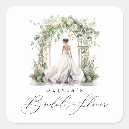 水彩グリーンフラワーのウェディングシャワー スクエアシール (正面)