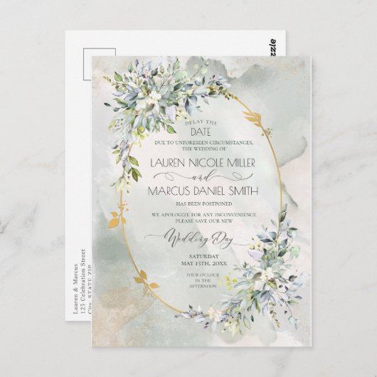 水彩グリーンフラワーゴールドオーバルフレーム延期日付 ポストカード (正面/裏面)