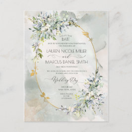 水彩グリーンフラワーゴールドオーバルフレーム延期日付 ポストカード