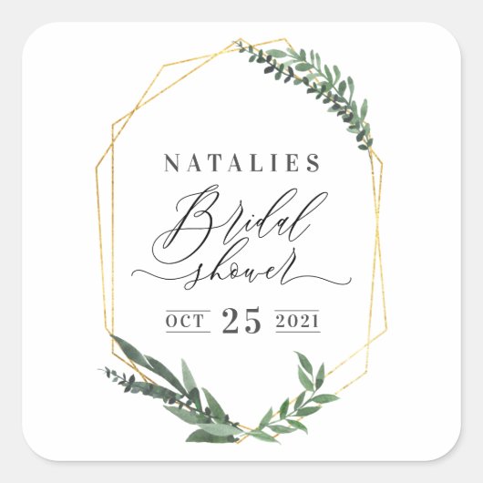 水彩グリーンフローラエレガントブライダルシャワー スクエアシール (正面)