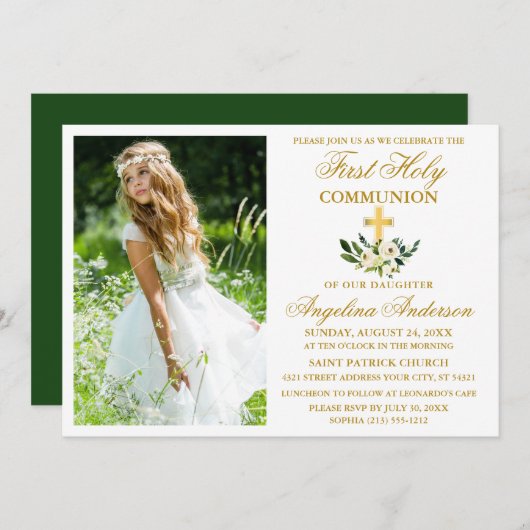 水彩グリーンフローラファーストホーリーコミュニオン 招待状 (正面/裏面)