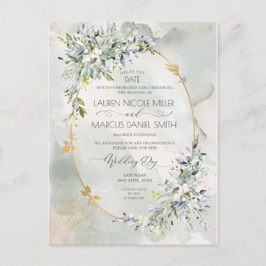 水彩グリーンフローラ金ゴールド楕円フレーム遅延日 ポストカード (正面)