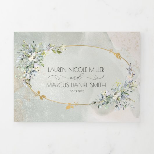 水彩グリーンフローラ金ゴールド楕円フレーム 三つ折り招待状 (カバー)