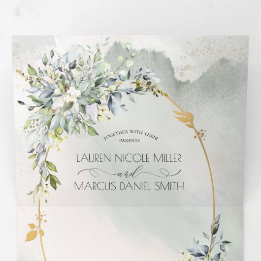 水彩グリーンフローラ金ゴールド楕円フレーム 三つ折り招待状 (内部最初)