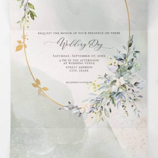 水彩グリーンフローラ金ゴールド楕円フレーム 三つ折り招待状 (内部中)