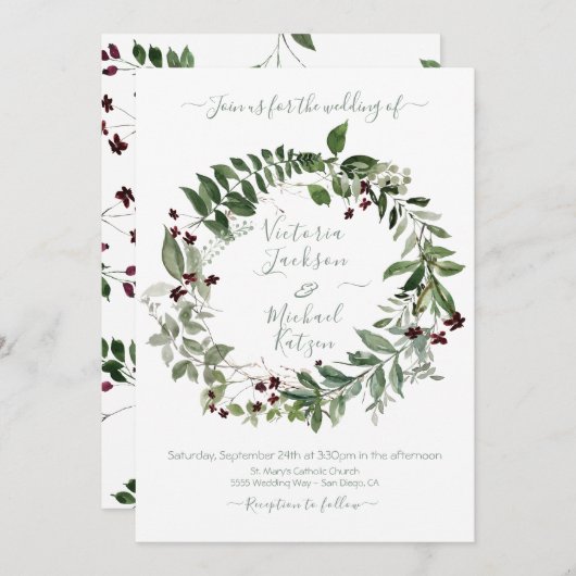 水彩グリーンブルゴーニュ結婚フローラリース 招待状 (正面/裏面)