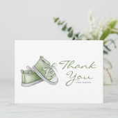 水彩グリーンベビーブーティベビーシャワー サンキューカード (スタンド正面)