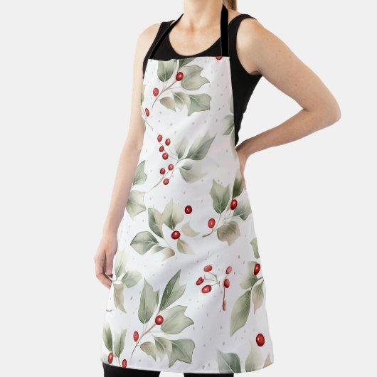 水彩グリーンホリーとレッドベリー エプロン (インサイチュ)