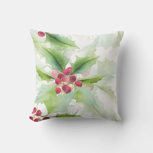 水彩グリーンホリーレッドベリークリスマス クッション (正面)