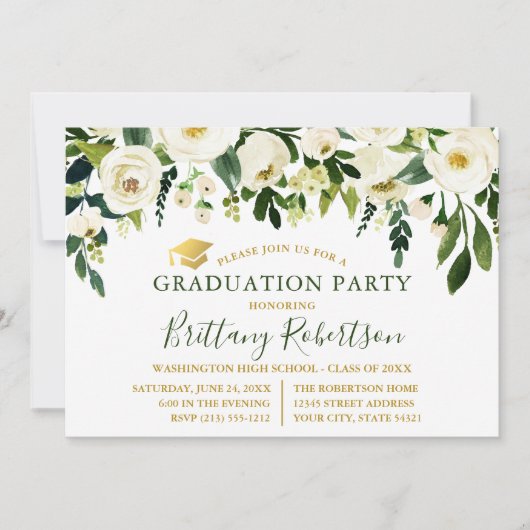 水彩グリーンホワイトフローラ卒業パーティー 招待状 (正面)
