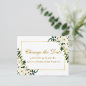 水彩グリーンホワイトフローラ日付金ゴールドの変更 ポストカード (スタンド正面)